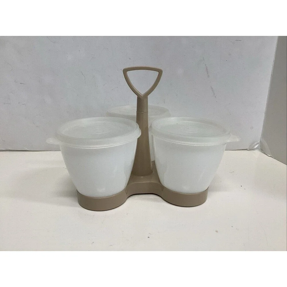 vtg Tupperware condiment caddy server set beige  jars lids